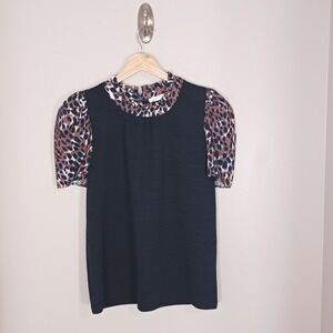 THML Leopard Print Ruffle Neck Top Womens S Puff Sleeve Knit Blouse